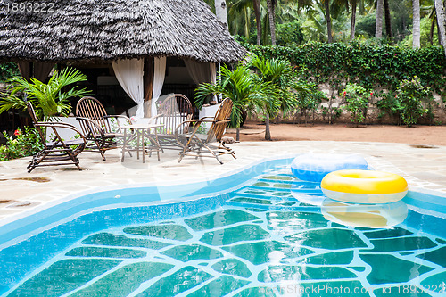 Image of Chairs on swimming pool border