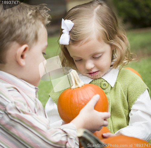 Image of Cute Young Brother and Sister At the Pumpkin Patch
