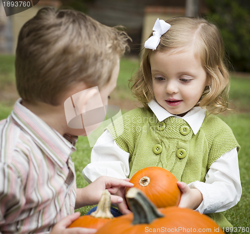 Image of Cute Young Brother and Sister At the Pumpkin Patch