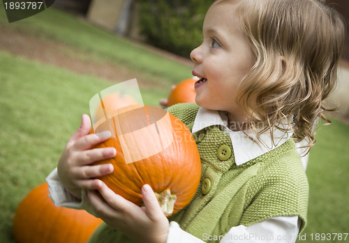 Image of Cute Young Child Girl Enjoying the Pumpkin Patch.