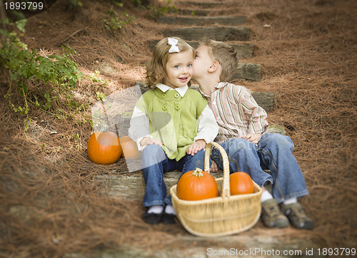 Image of Brother and Sister Children on Wood Steps with Pumpkins Whisperi