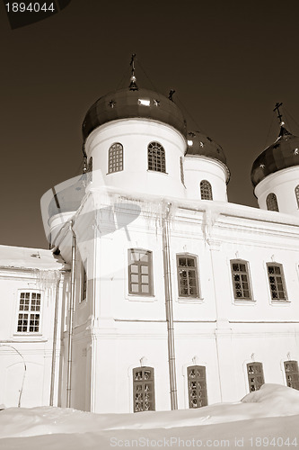 Image of bell tower of the ancient orthodox priory, sepia