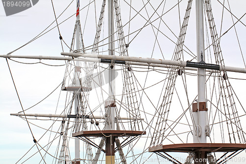 Image of ship masts on cloudy background