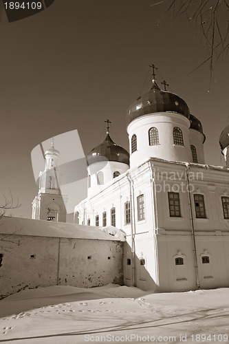 Image of christian church on territory of the orthodox priory , sepia