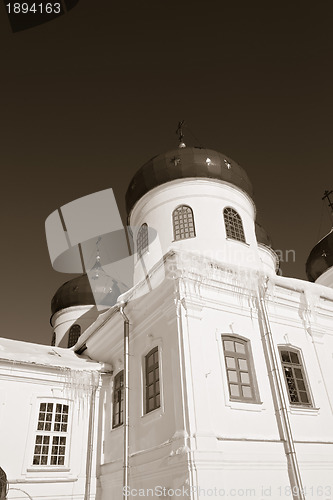 Image of christian church on territory of the orthodox priory , sepia