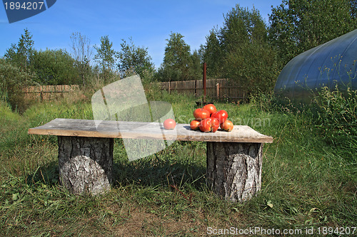 Image of ripe tomatoes on wooden bench 