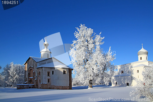 Image of christian orthodox church on snow field