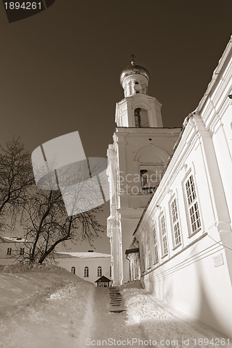 Image of bell tower of the ancient orthodox priory, sepia