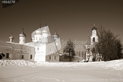 Image of bell tower of the ancient orthodox priory , sepia