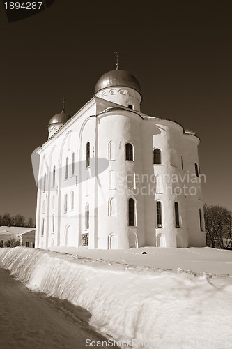 Image of bell tower of the ancient orthodox priory , sepia