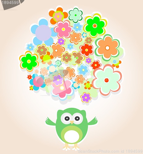 Image of cute vector owl with many flowers