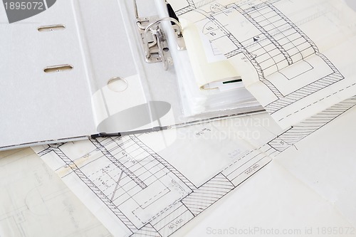 Image of Architectural plans of the old paper and file with the project