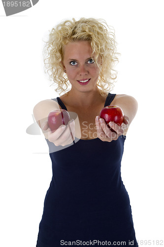 Image of Beautiful blond woman holding red apples