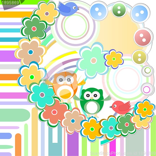 Image of Cute bird and owl in abstract garden