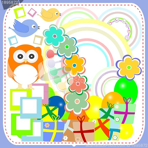 Image of birthday party card with cute birds and owl on gift boxes