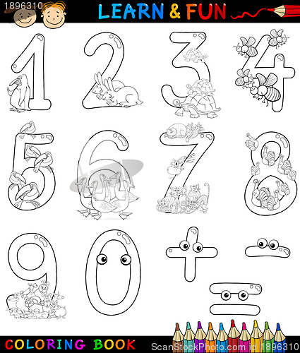 Image of numbers with cartoon animals for coloring