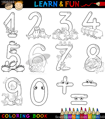 Image of numbers with cartoon animals for coloring