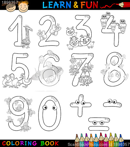 Image of numbers with cartoon animals for coloring