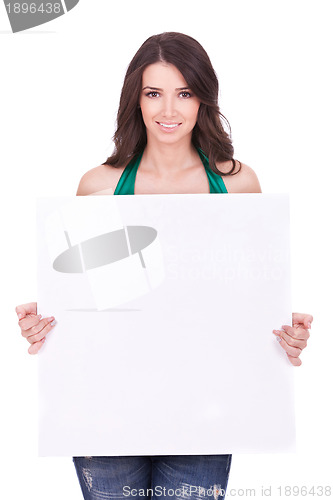 Image of woman displaying a banner ad 