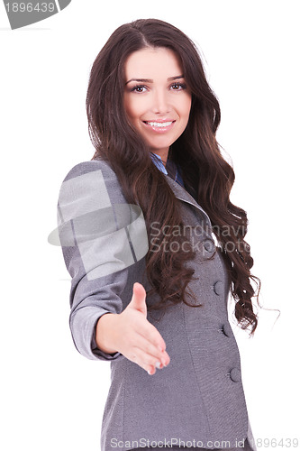 Image of  business woman with welcome gesture
