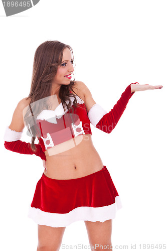 Image of santa woman presenting something 