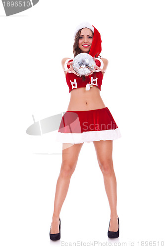 Image of santa woman offering a disco ball