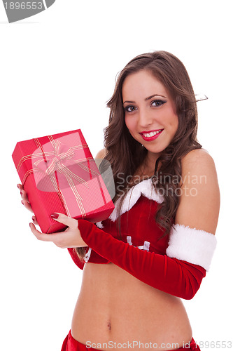 Image of santa woman holding a gift 