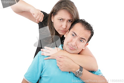 Image of Man and woman conflict. Home violence concept. Isolated on white
