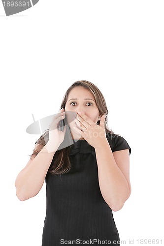 Image of Portrait of woman making a phone call against a white background
