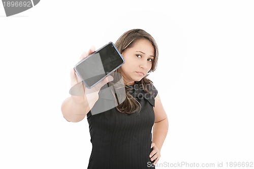 Image of Young woman show display of mobile cell phone with black screen 