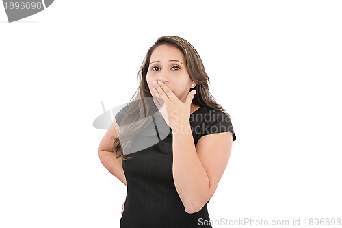 Image of Young woman "oops" , isolated on white