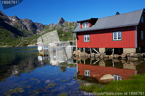 Image of Fishing hut reflecting in fjord