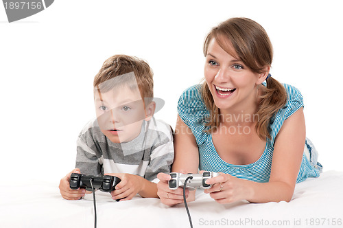 Image of Happy family playing a video game