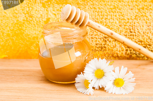 Image of jar of honey on the background of honeycombs 