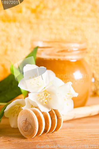 Image of jar of honey on the background of honeycombs 