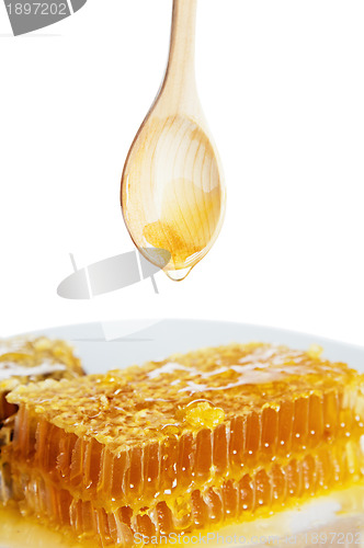 Image of spoon with honeycomb  on white plate