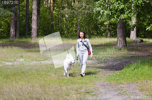 Image of The young woman walks in park with a dog