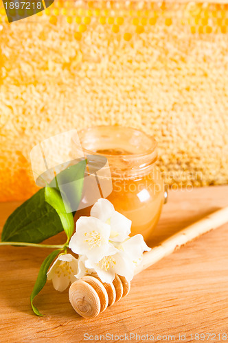 Image of jar of honey on the background of honeycombs 