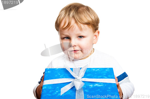 Image of Portrait of the little boy with a gift, it is isolated on white