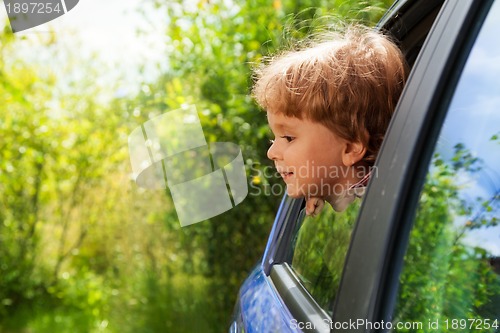 Image of curious kid looking outside of car window