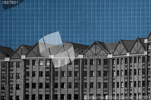 Image of Abstract Black and White Building Blue Tiles