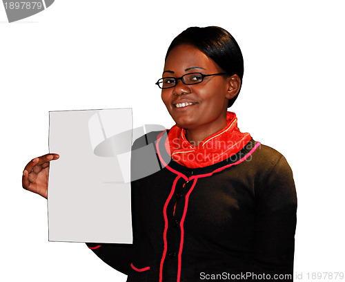 Image of Isolated African Lady Holding Blank Document