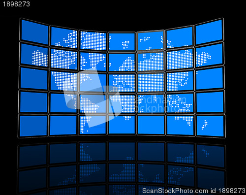 Image of Video wall of flat tv screens with world map