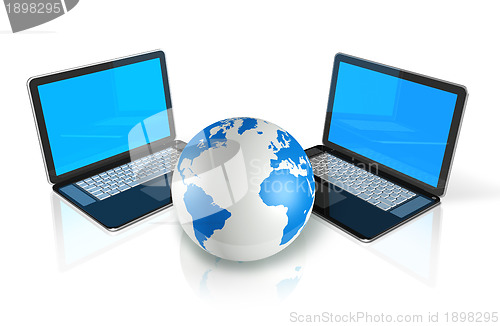Image of two Laptop computers around a world globe