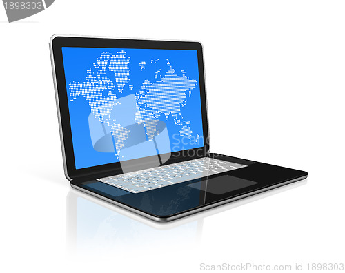Image of black Laptop computer isolated on white with worldmap on screen