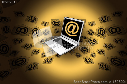 Image of 3D E-Mail Laptop Golden Flying Messages