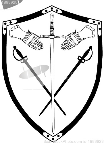 Image of Isolated 16th Century War Shield with Crossed Swords and Gloves