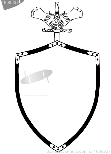 Image of Isolated 16th Century War Shield with Sword and Gloves