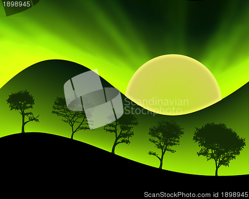 Image of Green Mountains Sun and Silhouetted Trees