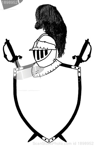 Image of Isolated 16th Century War Shield Swords and Plumaged Helmet